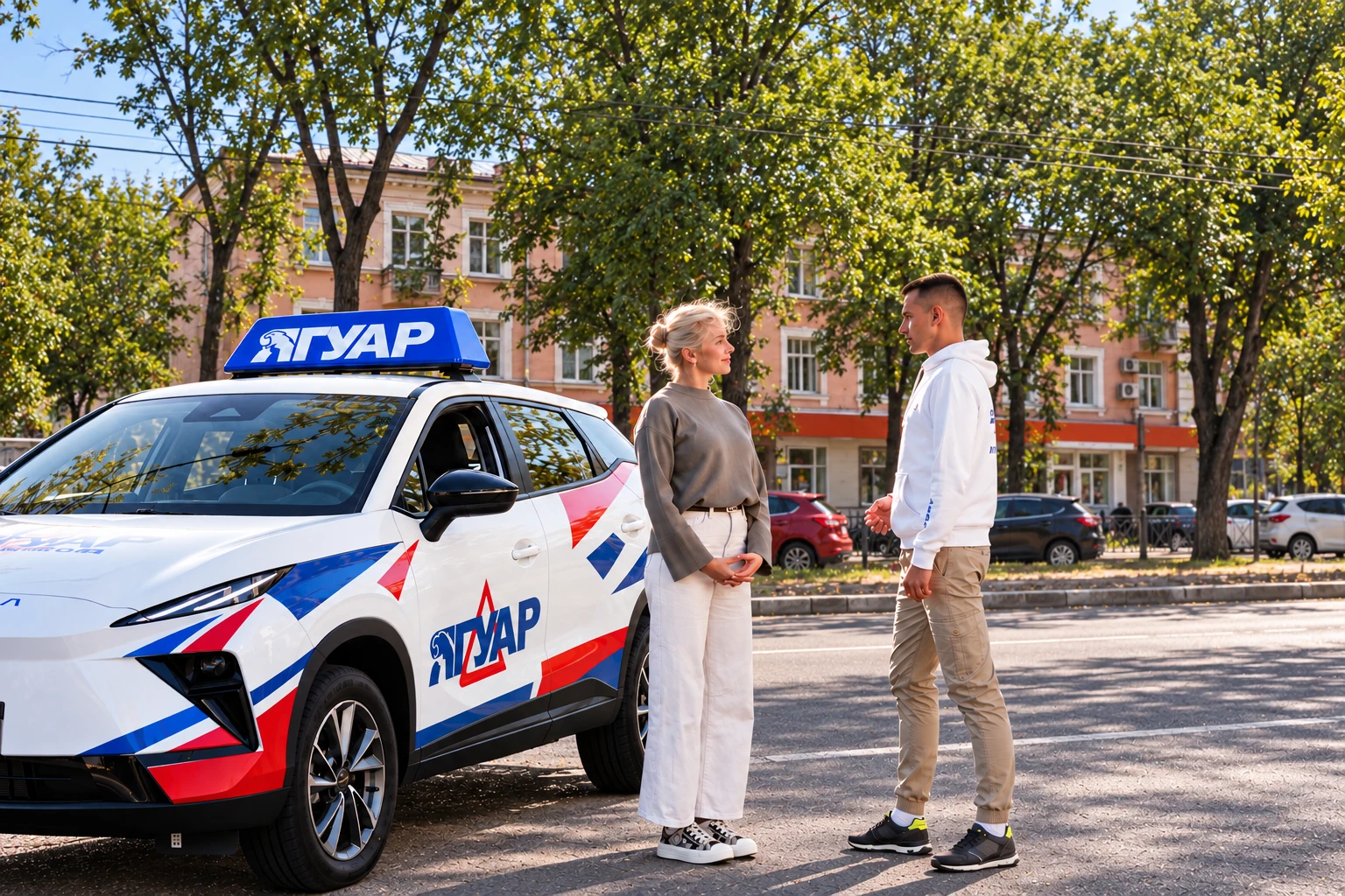 Ученица и инструктор у автомобиля Ягуар: ул. 20-летия Октября, 86, Воронеж