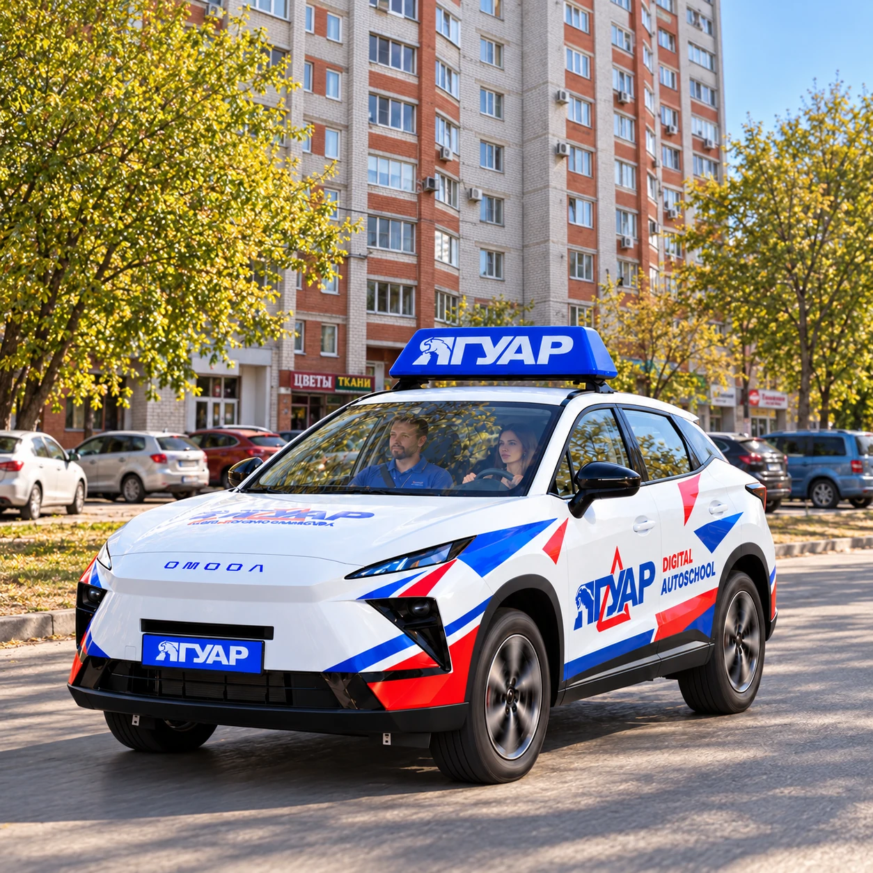 Учебный автомобиль «Ягуар» рядом с улицей 60-й Армии