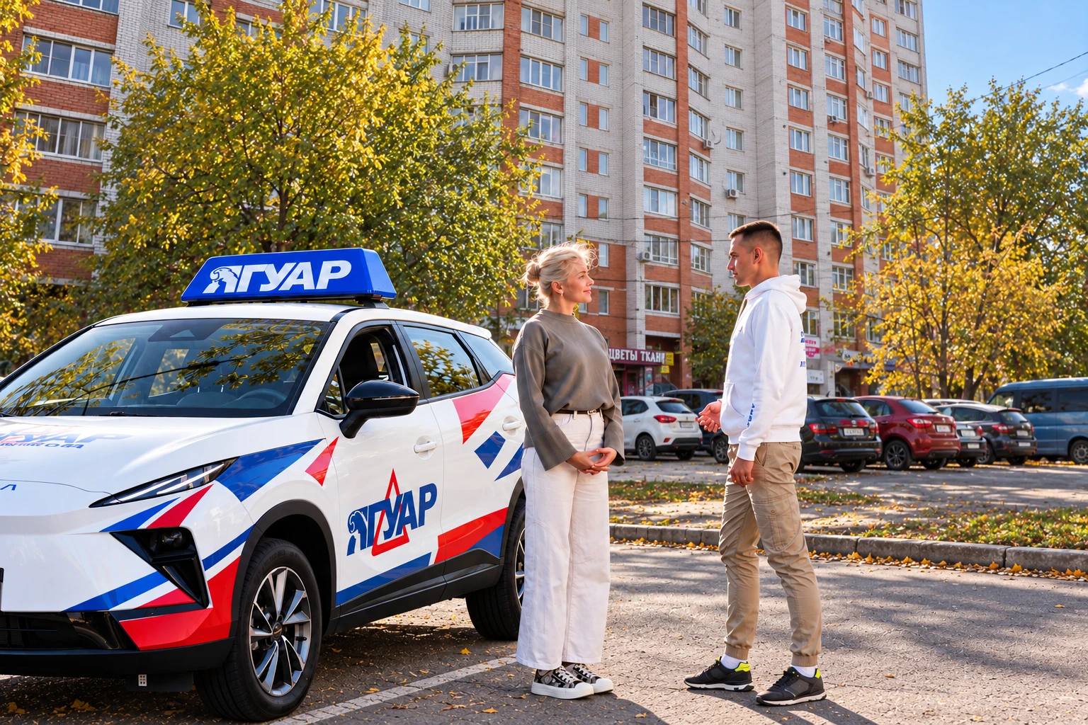 Ученица и инструктор у автомобиля Ягуар: ул. 60-й Армии, 27, Воронеж