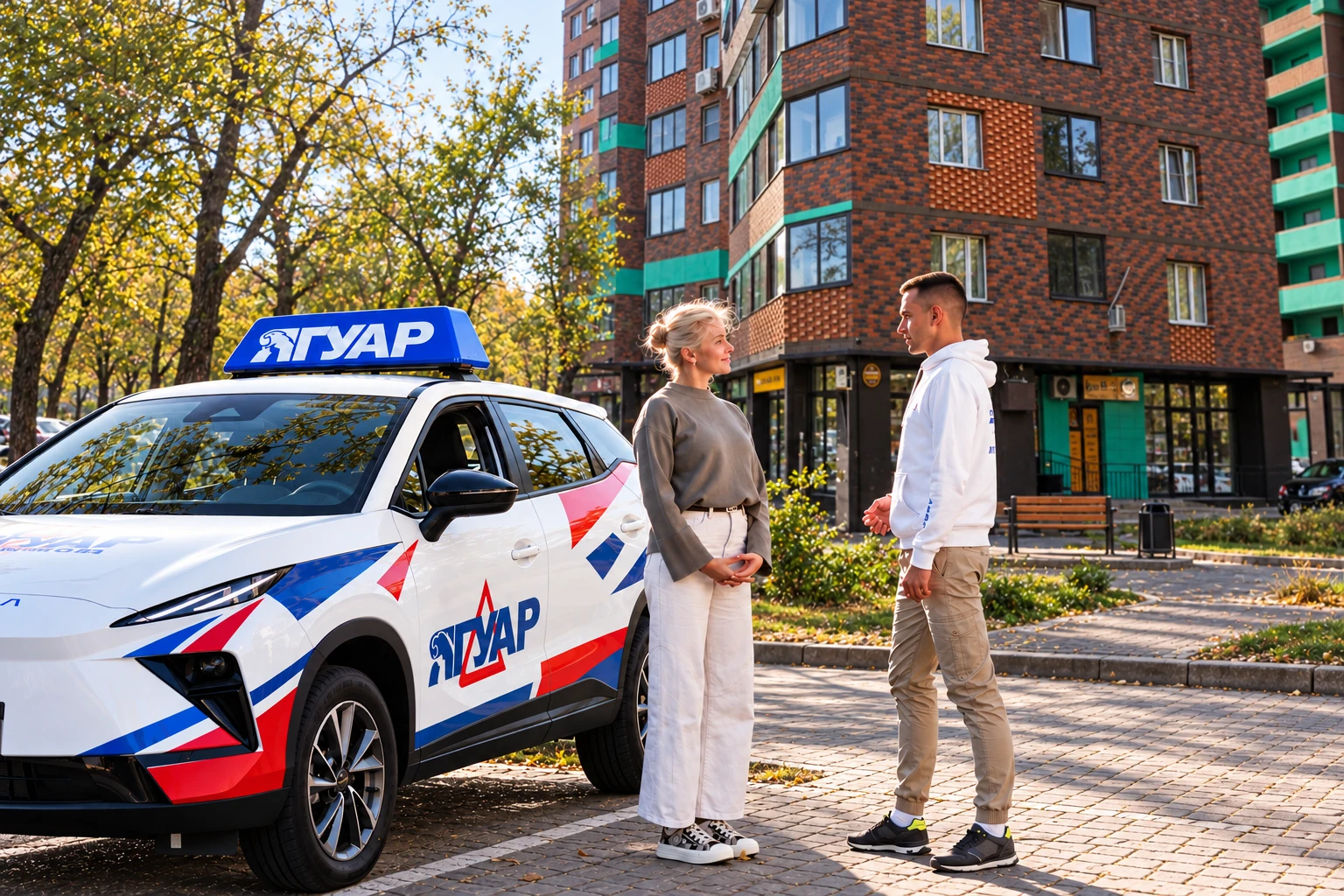 Ученица и инструктор у автомобиля Ягуар: ул. Артамонова, 4Д, Воронеж
