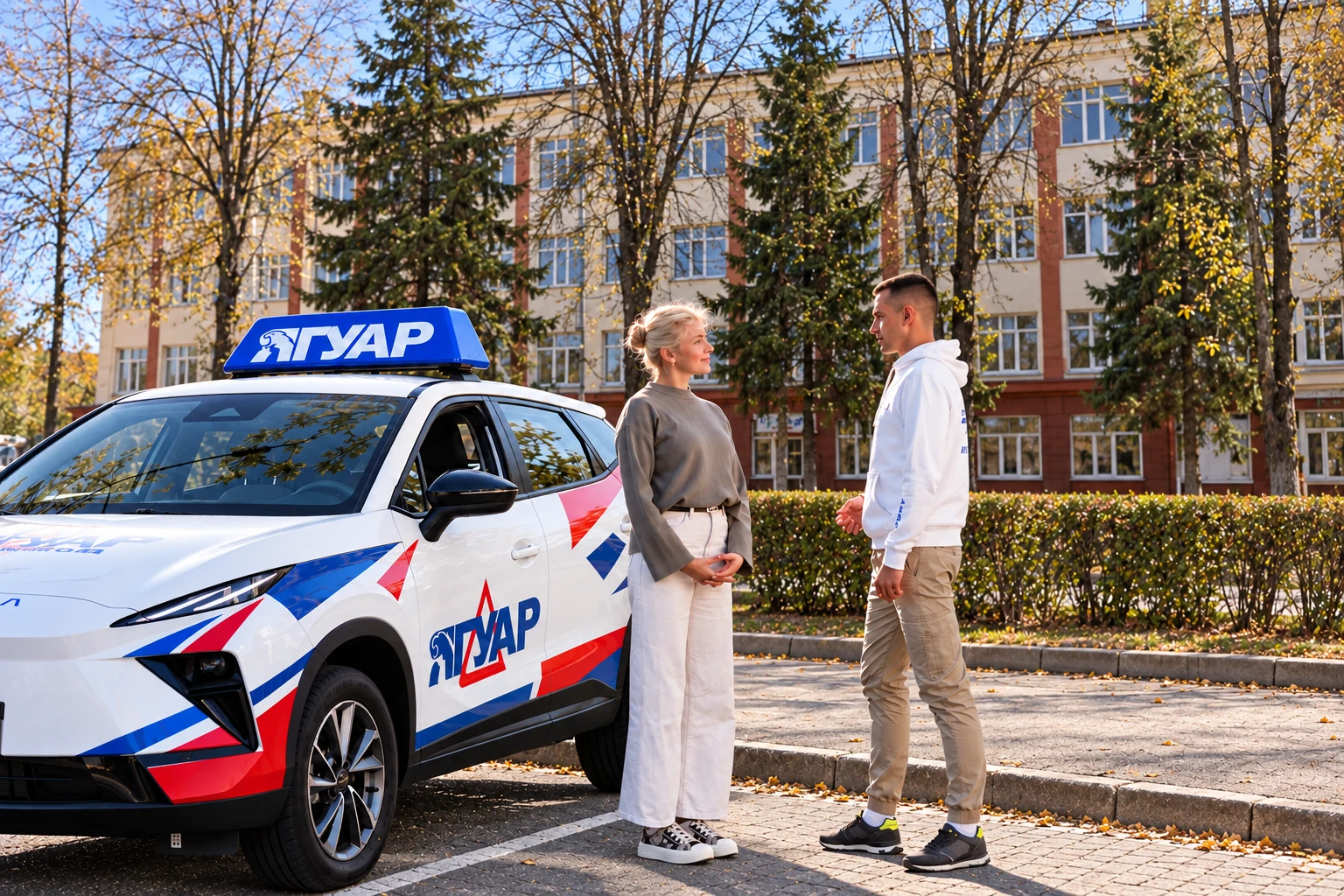 Ученица и инструктор у автомобиля Ягуар: Донбасская ул., 2, Воронеж