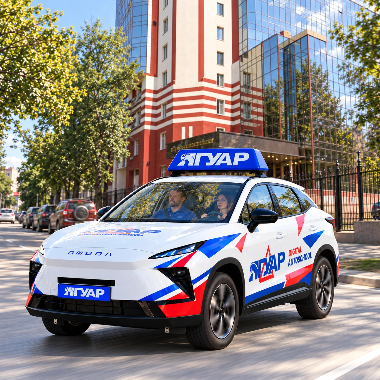 Учебный автомобиль «Ягуар» рядом с улицей Фридриха Энгельса