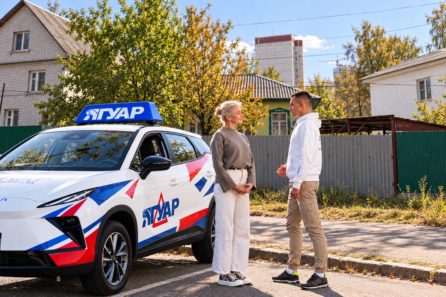 Ученица и инструктор у автомобиля Ягуар: Ипподромная ул., 4, Воронеж