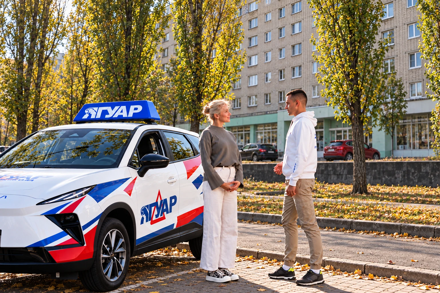 Ученица и инструктор у автомобиля Ягуар: Краснозвёздная ул., 2, Воронеж