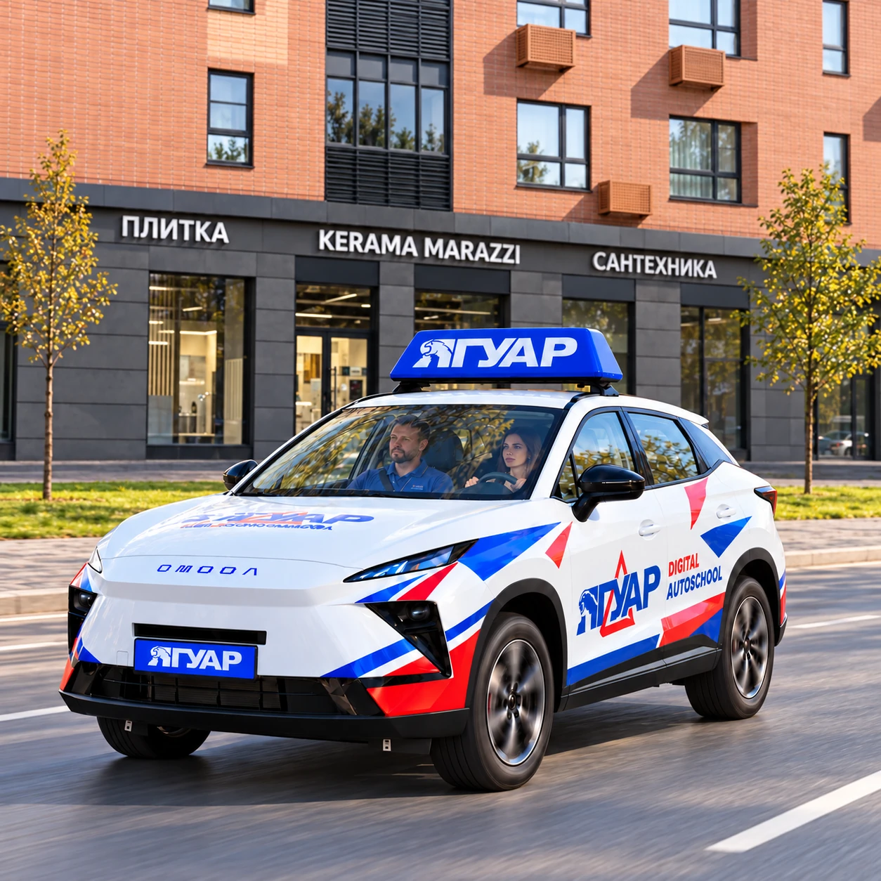 Учебный автомобиль «Ягуар» рядом с Ленинградской улицей