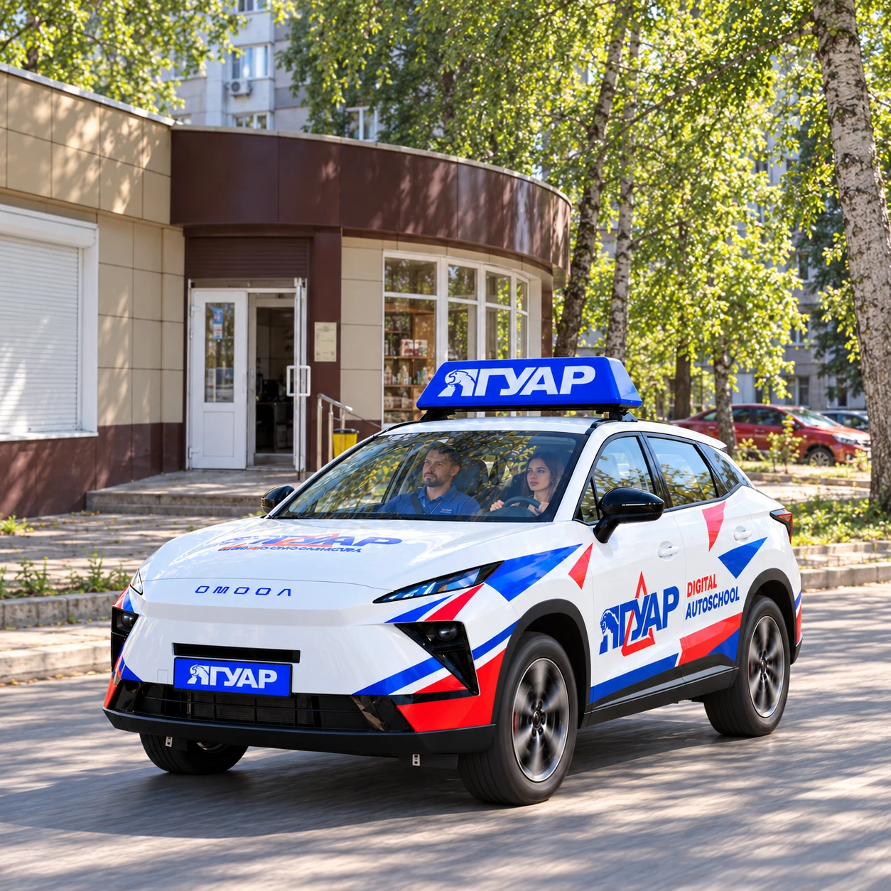 Учебный автомобиль «Ягуар» рядом с улицей Моисеева
