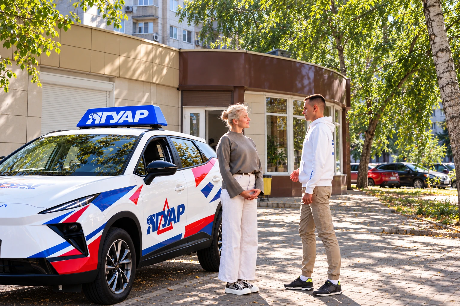 Ученица и инструктор у автомобиля Ягуар: ул. Моисеева, 57/1, Воронеж