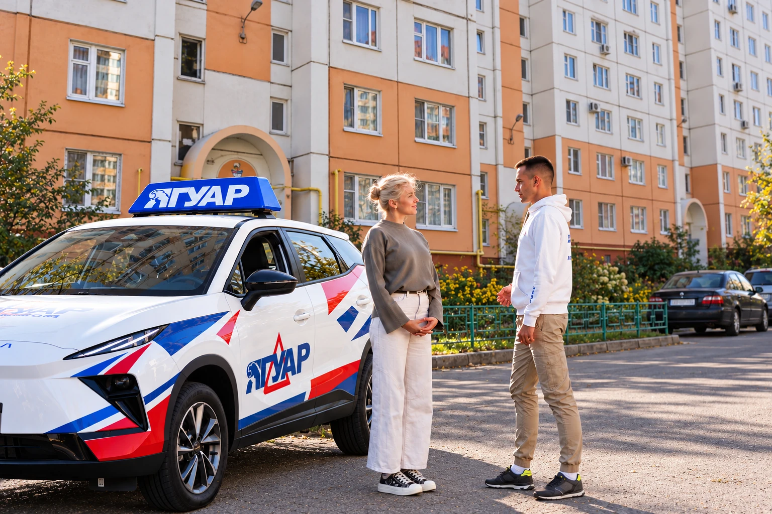 Ученица и инструктор у автомобиля Ягуар: Ростовская ул., 58/5, Воронеж