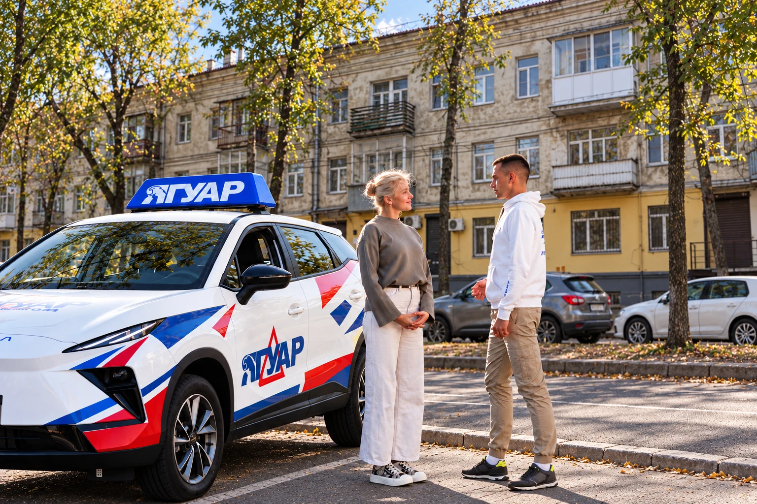 Ученица и инструктор у автомобиля Ягуар: ул. Таранченко, 29, Воронеж