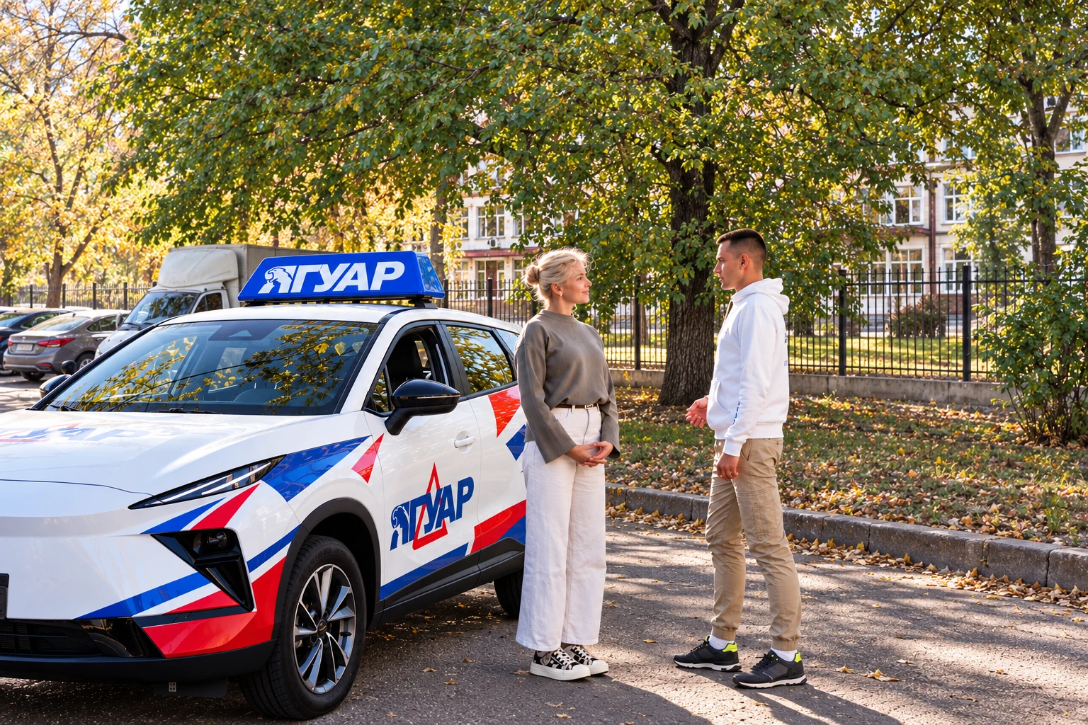 Ученица и инструктор у автомобиля Ягуар: ул. Циолковского, 5, Воронеж