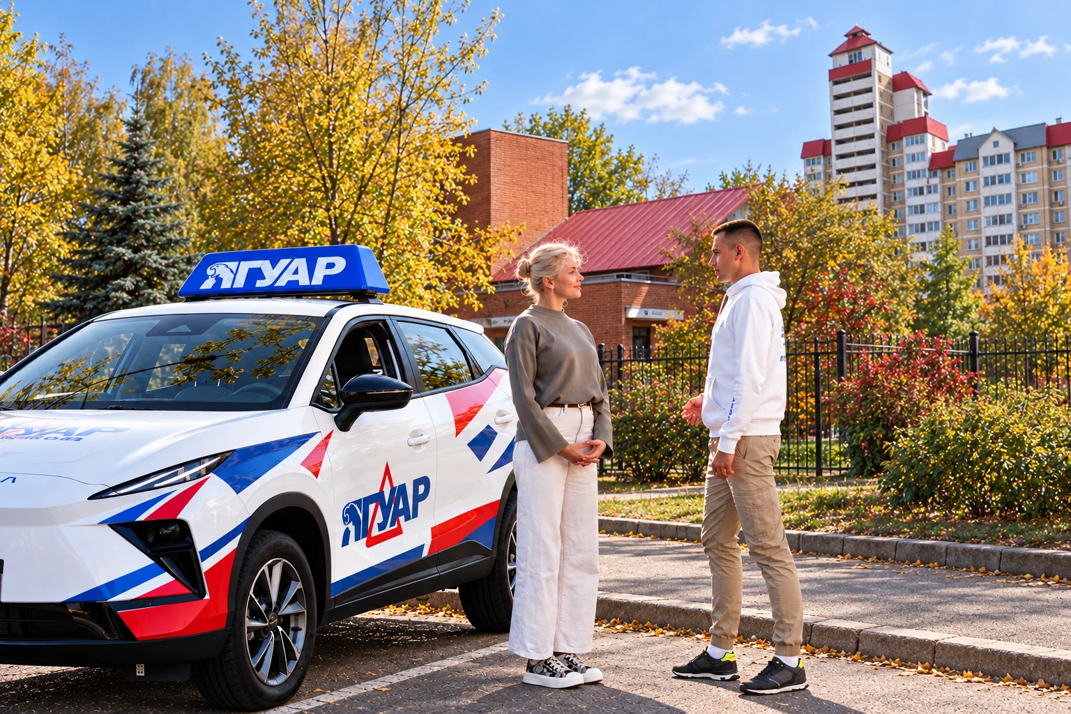 Ученица и инструктор у автомобиля Ягуар: ул. Владимира Невского, 75/1, Воронеж
