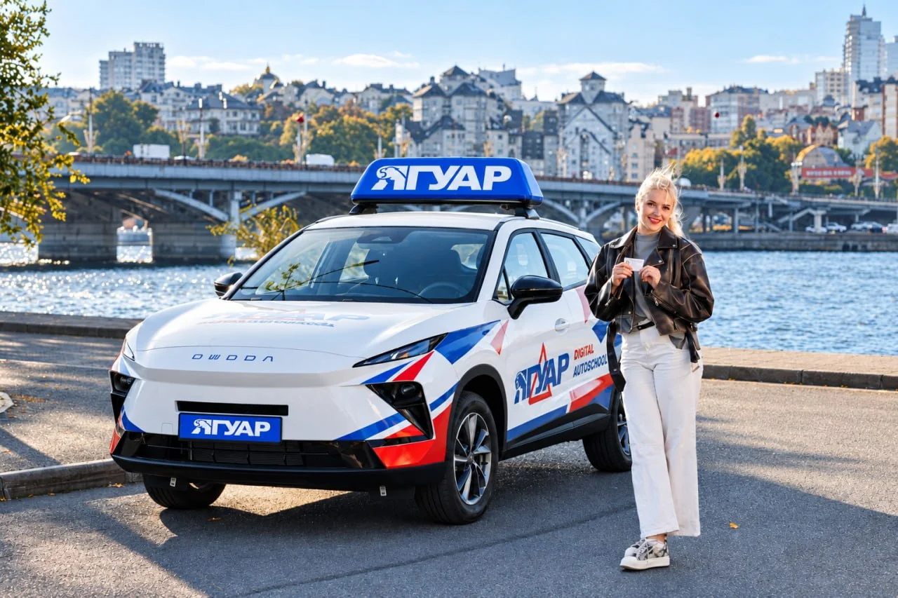 Выпускница автошколы «Ягуар» с водительским удостоверением у учебного автомобиля