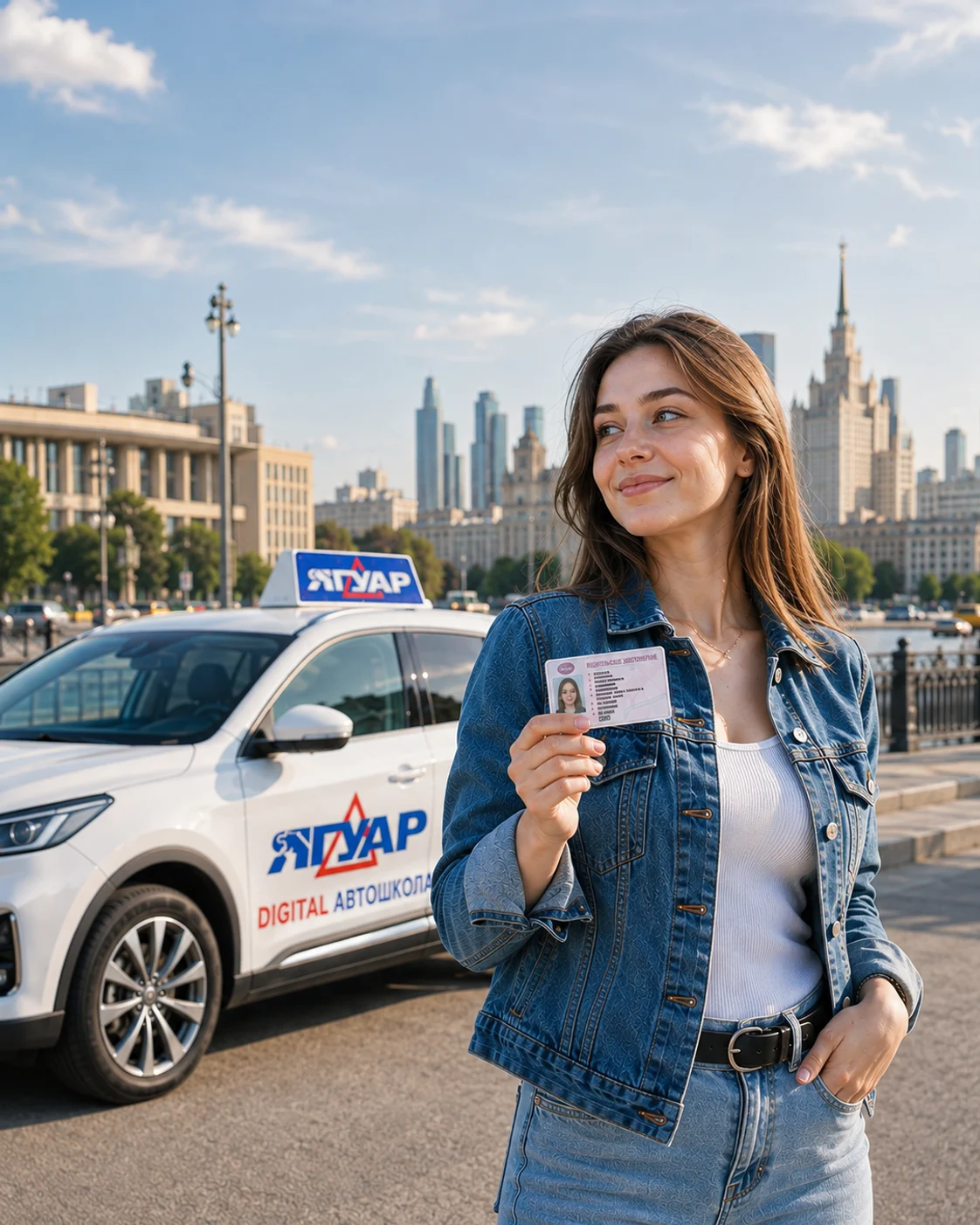 Выпускница автошколы «Ягуар» с водительским удостоверением у учебного автомобиля
